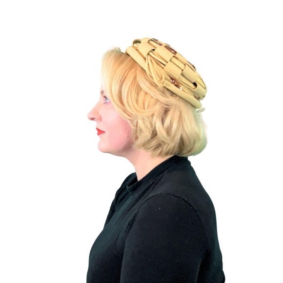 Vintage 1950s Sequin Beret Hat Tan Round Cap - Picture 7 of 10